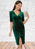 Destiny Sheath/Column V-Neck Knee-Length Velvet Cocktail Dress With Pleated STAP0022485