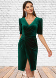 Destiny Sheath/Column V-Neck Knee-Length Velvet Cocktail Dress With Pleated STAP0022485