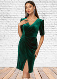 Destiny Sheath/Column V-Neck Knee-Length Velvet Cocktail Dress With Pleated STAP0022485