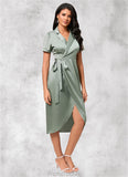 Vivian Sheath/Column V-Neck Asymmetrical Satin Cocktail Dress With Bow STAP0022488