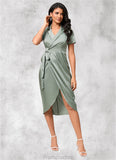 Vivian Sheath/Column V-Neck Asymmetrical Satin Cocktail Dress With Bow STAP0022488