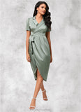 Vivian Sheath/Column V-Neck Asymmetrical Satin Cocktail Dress With Bow STAP0022488