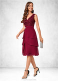 Bailey Sheath/Column V-Neck Knee-Length Chiffon Lace Sequin Cocktail Dress With Ruffle Sequins STAP0022503