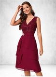 Bailey Sheath/Column V-Neck Knee-Length Chiffon Lace Sequin Cocktail Dress With Ruffle Sequins STAP0022503