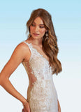 Brisa Mermaid V-Neck Lace Tulle Chapel Train Dress Diamond White/Nude STAP0022780