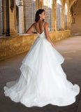 Shaniya Ball-Gown Ruched Satin Sweep Train Dress Diamond White STAP0022785