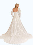 Kiley A-Line Lace Tulle Cathedral Train Dress Diamond White/Champagne STAP0022789