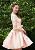 Bateau Short Sleeve Short/Mini A-line/Princess Satin Bridesmaid Dresses With Waistband Pleated Lace Sarahi STAP0025521