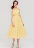 Bateau Short Sleeve A-line/Princess Tulle Tea-Length  Bridesmaid Dresses With Pleated Lace Tamia STAP0025522