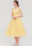 Bateau Short Sleeve A-line/Princess Tulle Tea-Length  Bridesmaid Dresses With Pleated Lace Tamia STAP0025522