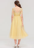 Bateau Short Sleeve A-line/Princess Tulle Tea-Length  Bridesmaid Dresses With Pleated Lace Tamia STAP0025522