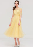 Bateau Short Sleeve A-line/Princess Tulle Tea-Length  Bridesmaid Dresses With Pleated Lace Tamia STAP0025522