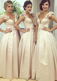 Sleeveless V Neck Long/Floor-Length A-line/Princess Satin Bridesmaid Dresseses With Pleated Waistband Joselyn STAP0025536