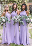 One-Shoulder A-Line/Princess Long/Floor-Length Chiffon Bridesmaid Dresses With Pleated Magdalena STAP0025544