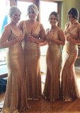 Sleeveless V Neck Sweep Train Sheath/Column Sequined Bridesmaid Dresseses With Pleated Mckayla STAP0025550