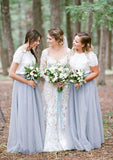 Short Sleeve Scoop Neck Long/Floor-Length A-line/Princess Tulle Bridesmaid Dresseses With Lace Jaidyn STAP0025563