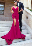 Sleeveless V Neck Court Train Sheath/Column Elastic Satin Bridesmaid Dresseses With Split Stacy STAP0025567