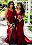 Sleeveless V Neck Court Train Sheath/Column Elastic Satin Bridesmaid Dresseses With Split Stacy STAP0025567