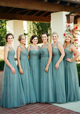 Sleeveless V Neck Tulle Long/Floor-Length A-line/Princess Bridesmaid Dresseses With Pleated Cara STAP0025578