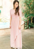 Scoop Neck Short Sleeve Ankle-Length A-line/Princess Chiffon Bridesmaid Dresses With Lace Pleated Sierra STAP0025580