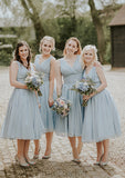 Sleeveless V Neck Tea-Length Chiffon A-line/Princess Bridesmaid Dresseses With Pleated Alyssa STAP0025594