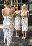 Sheath/Column Off-the-Shoulder Tea-Length Sheath/Column Lace Bridesmaid Dresseses With Split Lorna STAP0025601