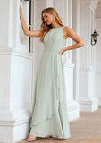 A-line Bateau Sleeveless Chiffon Long/Floor-Length Bridesmaid Dresses Ruffles Pleated Lyla STAP0025608