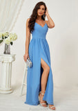 A-line V Neck Sleeveless Chiffon Long/Floor-Length Bridesmaid Dresses With Pleated Split Aliya STAP0025609