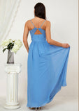 A-line V Neck Sleeveless Chiffon Long/Floor-Length Bridesmaid Dresses With Pleated Split Aliya STAP0025609