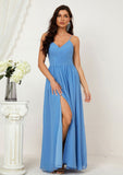 A-line V Neck Sleeveless Chiffon Long/Floor-Length Bridesmaid Dresses With Pleated Split Aliya STAP0025609