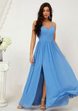 A-line V Neck Sleeveless Chiffon Long/Floor-Length Bridesmaid Dresses With Pleated Split Aliya STAP0025609