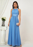 A-line Halter Sleeveless Chiffon Long/Floor-Length Bridesmaid Dresses With Pleated Eva STAP0025610