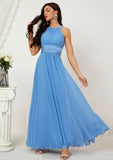 A-line Halter Sleeveless Chiffon Long/Floor-Length Bridesmaid Dresses With Pleated Eva STAP0025610