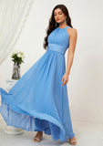 A-line Halter Sleeveless Chiffon Long/Floor-Length Bridesmaid Dresses With Pleated Eva STAP0025610