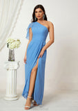 A-line One-Shoulder Sleeveless Chiffon Long/Floor-Length Bridesmaid Dresses With Pleated Split Persis STAP0025613