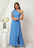 A-line One-Shoulder Sleeveless Chiffon Long/Floor-Length Bridesmaid Dresses With Pleated Split Persis STAP0025613