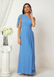 A-line One-Shoulder Sleeveless Chiffon Long/Floor-Length Bridesmaid Dresses With Pleated Split Persis STAP0025613