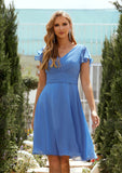 A-line V Neck Short Sleeve Chiffon Short/Mini Bridesmaid Dresses With Pleated Kirsten STAP0025614