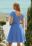 A-line V Neck Short Sleeve Chiffon Short/Mini Bridesmaid Dresses With Pleated Kirsten STAP0025614