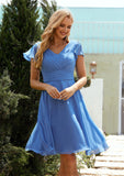 A-line V Neck Short Sleeve Chiffon Short/Mini Bridesmaid Dresses With Pleated Kirsten STAP0025614