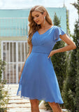 A-line V Neck Short Sleeve Chiffon Short/Mini Bridesmaid Dresses With Pleated Kirsten STAP0025614