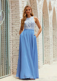 A-line Scoop Neck Sleeveless Chiffon Long/Floor-Length Bridesmaid Dresses With Pockets Lace Lara STAP0025616