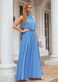 A-line Empire High-Neck Sleeveless Chiffon Long/Floor-Length Bridesmaid Dresses With Pleated Ireland STAP0025619