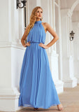 A-line Empire High-Neck Sleeveless Chiffon Long/Floor-Length Bridesmaid Dresses With Pleated Ireland STAP0025619