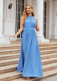 A-line Empire Halter Sleeveless Chiffon Long/Floor-Length Bridesmaid Dresses With Pleated Carleigh STAP0025622