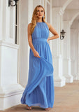 A-line Empire Halter Sleeveless Chiffon Long/Floor-Length Bridesmaid Dresses With Pleated Carleigh STAP0025622