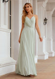 A-line Halter Sleeveless Chiffon Long/Floor-Length Bridesmaid Dresses With Pleated Ruffles Lauretta STAP0025623