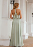 A-line Halter Sleeveless Chiffon Long/Floor-Length Bridesmaid Dresses With Pleated Ruffles Lauretta STAP0025623