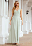 A-line V Neck Long/Floor-Length Chiffon Bridesmaid Dresses With Pleated Carlee STAP0025625