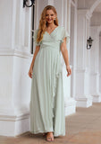 A-line V Neck Short Sleeve Chiffon Long/Floor-Length Bridesmaid Dresses With Pleated Ruffles Keyla STAP0025626